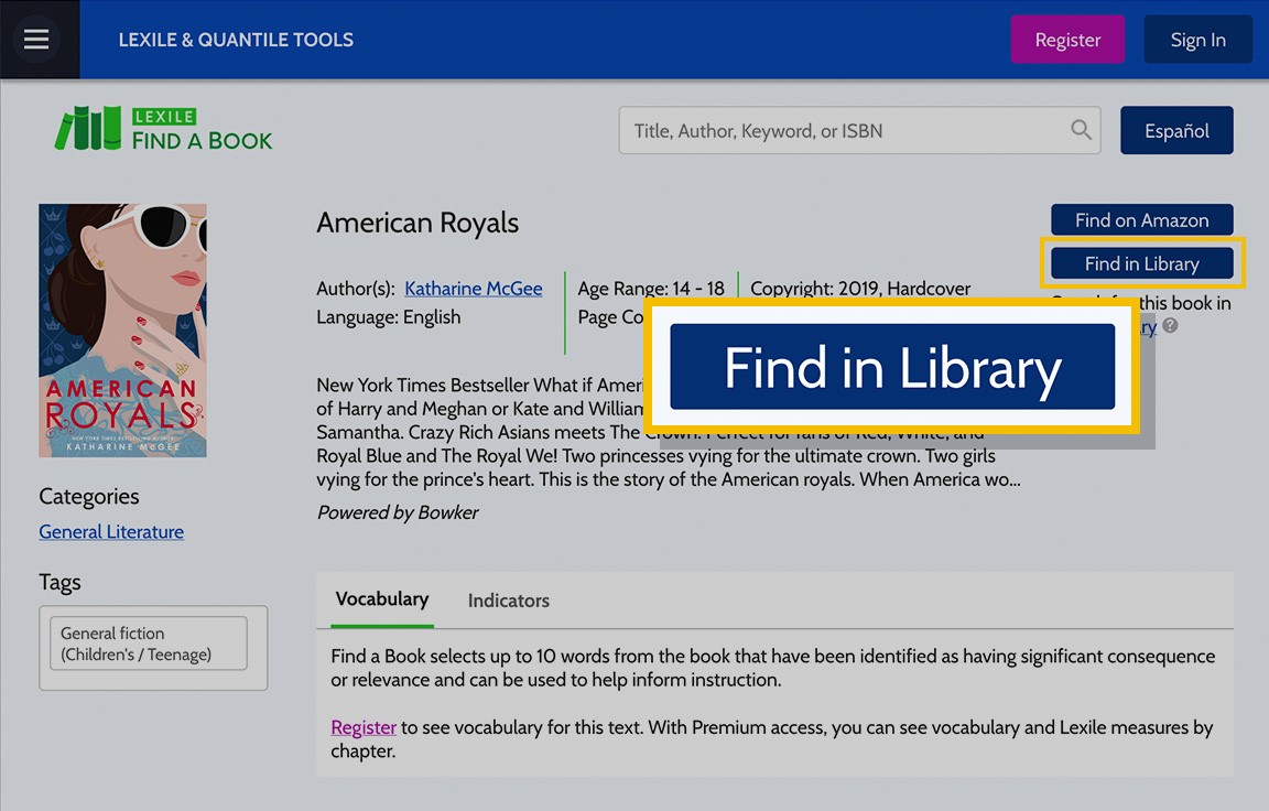 Illustration: Lexile Framework for Reading 'Find in Library' link