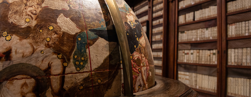 Close perspective of a globe inside a library