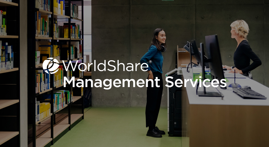 A student stood in a library. The words "Worldshare management service" are visible