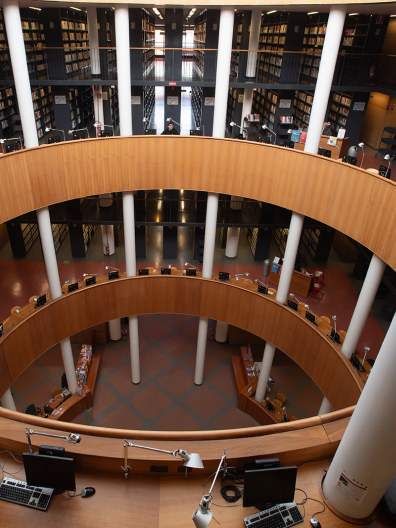 Distant perspective of the inside of a library