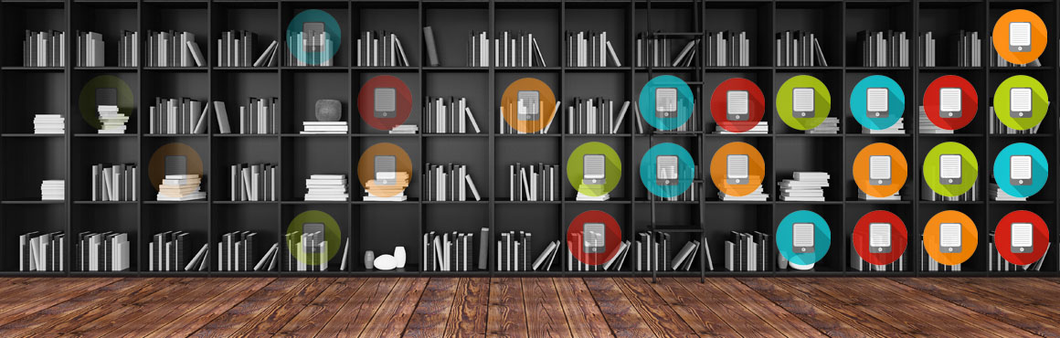 Stacked books on shelves, overlayed with icons of tablets