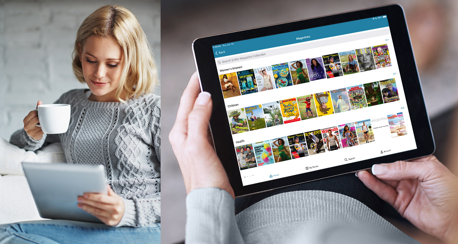 Photo : femme parcourant les titres de livres numériques et audionumériques sur l’application cloudLibrary pour tablette